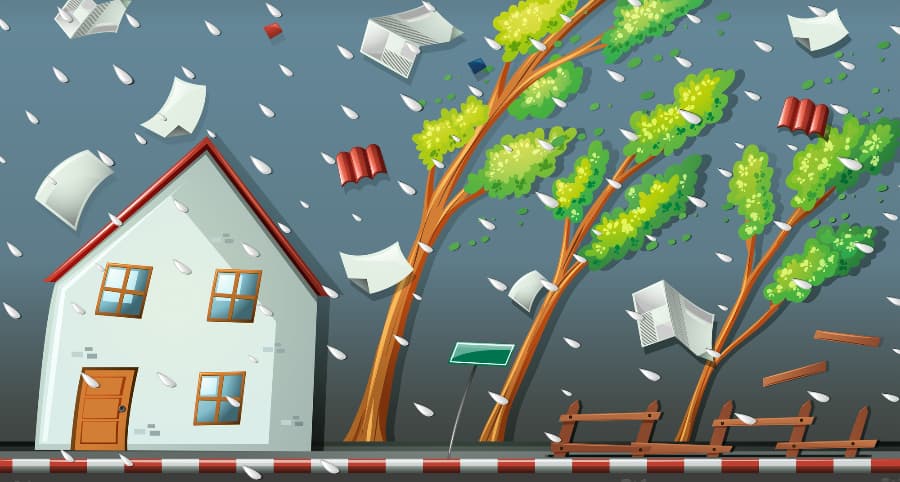 Graphic of a storm affecting a residence and the immediate surroundings