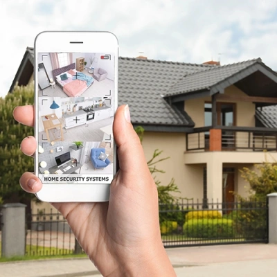 Albany vivint phone display of cctv live feed in front of a house